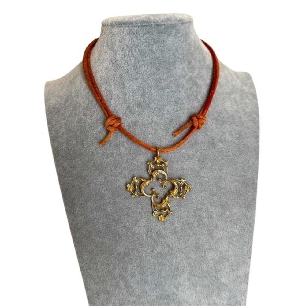 Artisan Gold Designer Floral Cross Pendant on Leather Cord Choker Necklace NEW
